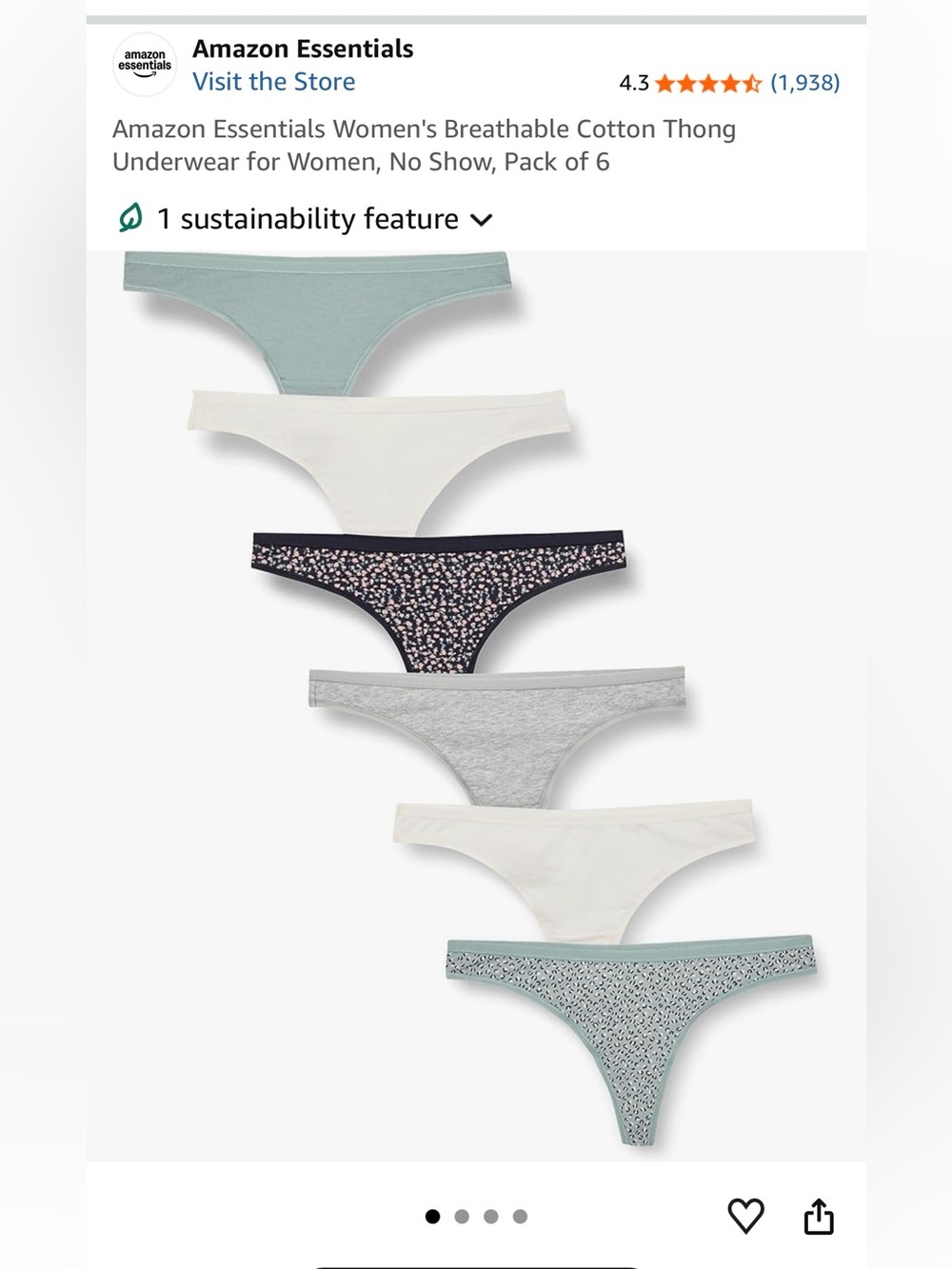Amazon Essentials Breathable Cotton Thong Underwear for Women-No Show, Pack of 6